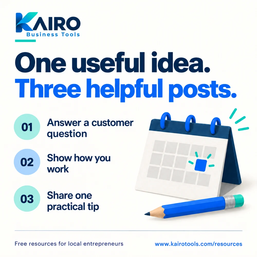One useful idea. Three helpful posts: answer a customer question, show how you work, and share one practical tip.
